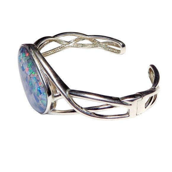 Vintage Sterling Silver WK Whitney Kelly Mosaic Opal Inlay Hinged Cuff Bracelet - Picture 7 of 9